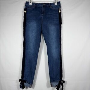 Bebe Dolce Vita Skinny Jeans 28 Velvet Ruffle Side Stripe Pearl Bow Ankle Hem